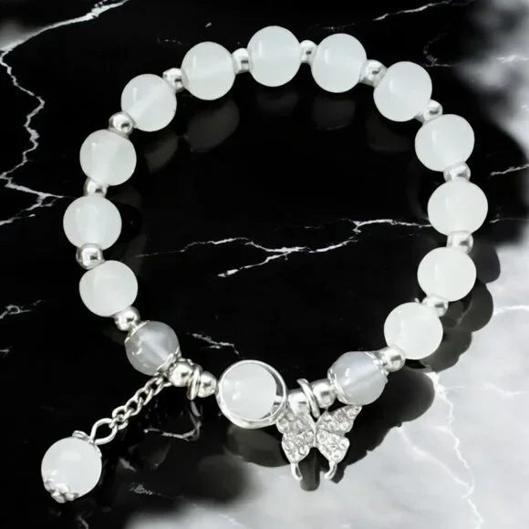 🆕 fake Moonstone & Aquamarine Beaded Bracelet With Butterfly Charm - Picture 4 of 4